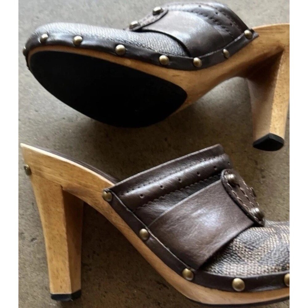 Michael Kors Leather Studd Wood clogs Luggage Brown Platform Heels Womens Size 4 - Picture 2 of 15